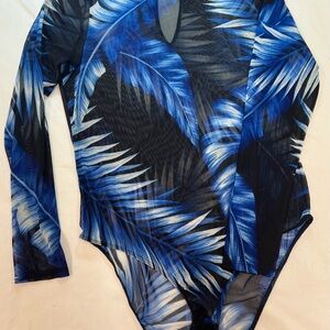Liliana Blue and Black Leaf Print Bodysuit